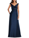 Alfred Sung Off-the-shoulder Draped Wrap Satin Maxi Dress In Blue