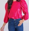 KARLIE SOLID PLEATHER PUFF SLEEVE TOP IN HOT PINK