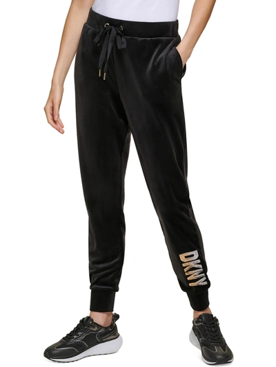 Dkny Women's Velour Sequined-logo Tie-waist Pants In Black