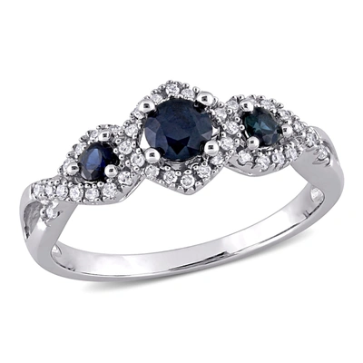 Mimi & Max 1/2ct Tgw Sapphire Halo Twist Ring With 1/8ct Tdw Diamonds In 10k White Gold In Blue