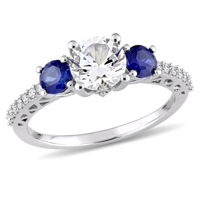 Mimi & Max 2ct Tgw Created White And Blue Sapphire And 1/7ct Tdw Diamond 3-stone Engagement Ring In 10k White G