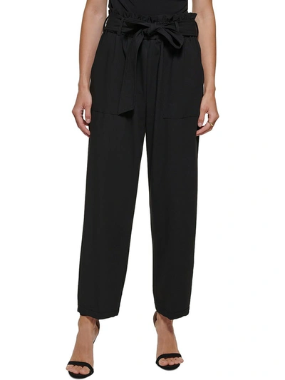 Dkny Petites Womens Belted High Rise Straight Leg Pants In Black