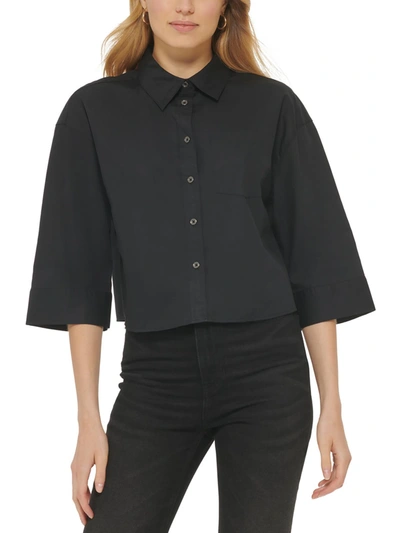 Dkny Jeans Womens Cotton Cape Sleeves Button-down Top In Black