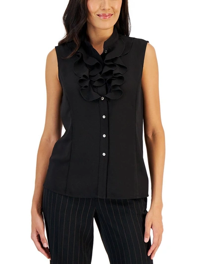 Kasper Womens Ruffled Dressy Button-down Top In Black
