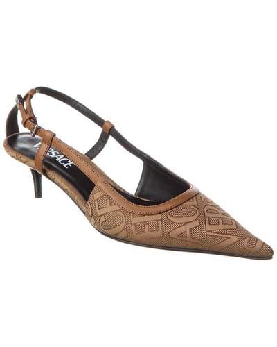 VERSACE ALLOVER CANVAS & LEATHER SLINGBACK PUMP