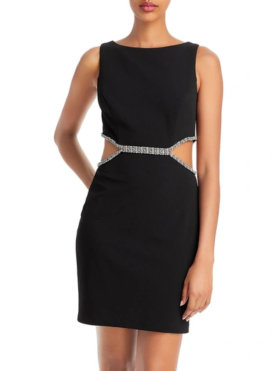 Aqua Womens Rhinestone Cut-out Cocktail And Party Dress In Black