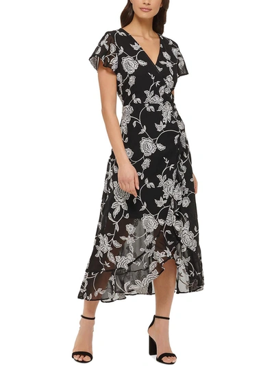 Kensie Womens Surplice Midi Wrap Dress In Black