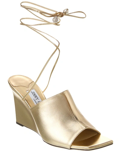 Jimmy Choo Elyna 85 Wedge Sandals In Metallic Nappa Leather In Gold