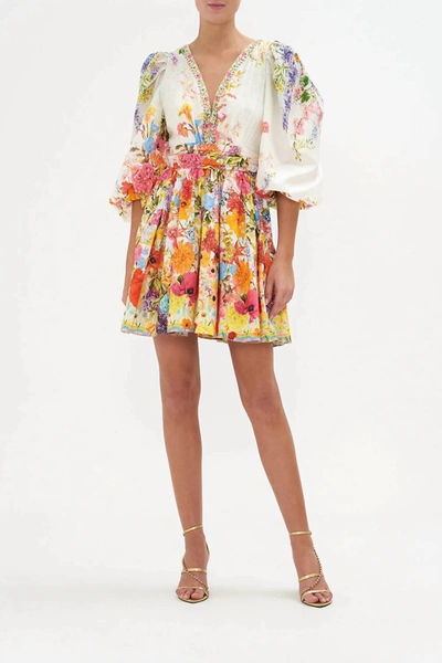 Camilla Blouson-sleeve Flared Cotton-silk Mini Dress In Multi