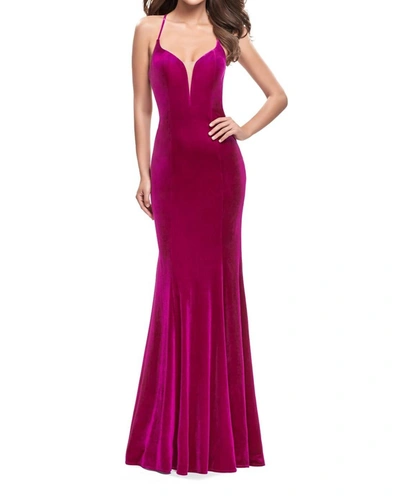 La Femme Strapless Velvet Mermaid Dress With Strappy Back In Pink