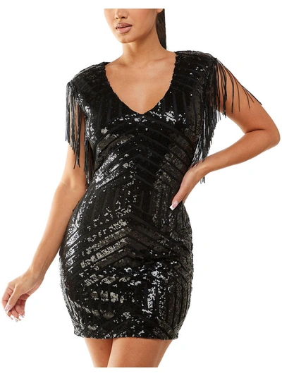 City Studio Juniors Womens Fringe Trim Sequined Cocktail And Party Dress In Black
