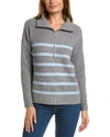 FORTE CASHMERE STRIPED RIB MOCK NECK WOOL & CASHMERE-BLEND 1/2-ZIP SWEATER
