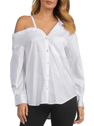 Elan Womens Collared Cold Shoulder Button-down Top In White