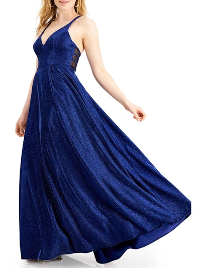 City Studio Juniors Womens Mesh Inset Long Evening Dress In Blue
