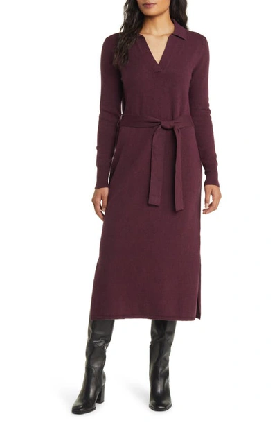 Faherty Jackson Long Sleeve Tie Waist Cotton Blend Sweater Dress In Claret Heather