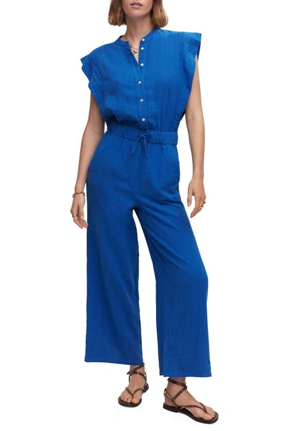 Mango Button Textured Jumpsuit Blue