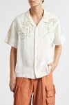 STORY MFG. GREETINGS FLORAL EMBROIDERED COTTON & LINEN CAMP SHIRT