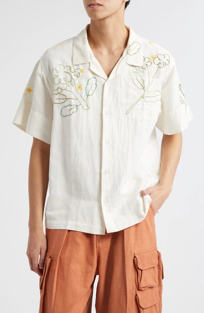 Story Mfg. Greetings Embroidered Tie-dyed Cotton And Linen-blend Shirt In Neutrals