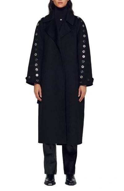 Sandro Eyelet-embellished Wool-blend Coat In Black