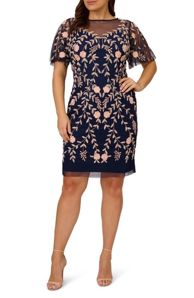 Adrianna Papell Embellished Flutter-sleeve Sheath Dress In Navy Blush