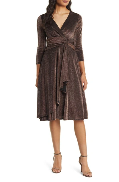 Eliza J Metallic Long Sleeve Faux Wrap Cocktail Dress In Brown