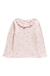 Mini Boden Kids' Pointelle Gold Star Ruffle Neck Top In French Pink Gold Star