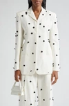 Jacquemus Le Veste Caraco Embroidered Polka Dot Belted Single Breasted Blazer In White / Black Dots Embroi