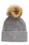 MONCLER CASHMERE & WOOL RIB BEANIE WITH FAUX FUR POMPOM