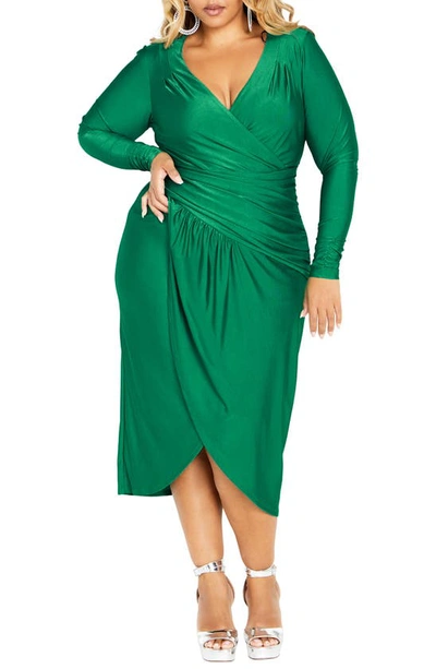 City Chic Marissa Ruched Long Sleeve Midi Dress In Greenstone
