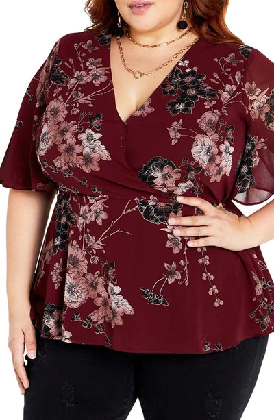 City Chic Trendy Plus Size Blossom Love Deep V-neck Top In Ruby Bold Blossom
