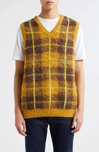 Beams Plaid Brushed Sweater Vest In Mustard 58