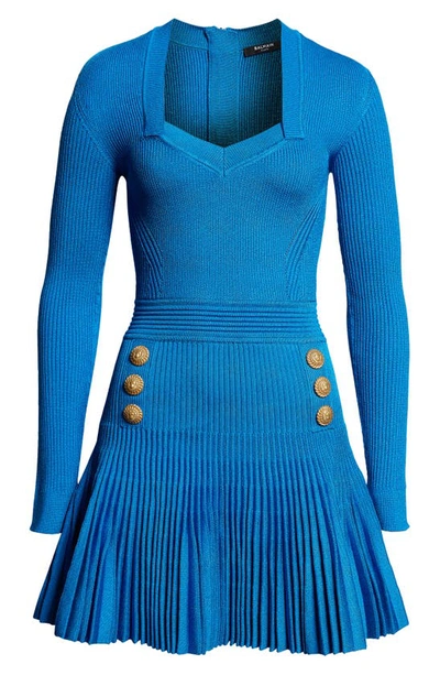 Balmain Long-sleeve Double-breasted Pleated Knit Mini Dress In Blue