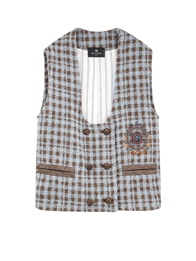 Etro Madras Checked Wool Blend Vest In Grey