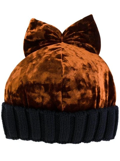 Federica Moretti Velvet & Wool Knit Beanie Hat W/ Bow In Blue