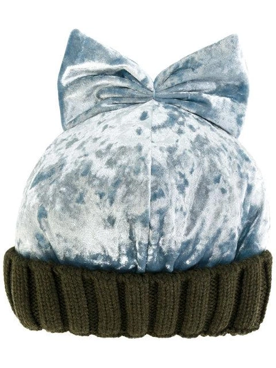 Federica Moretti Velvet & Wool Knit Beanie Hat W/ Bow In Blue
