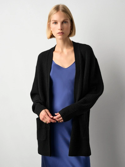 White + Warren Cashmere Ribbed Patch Pocket Cardigan Sweater In Black