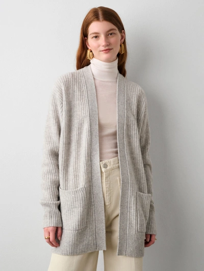 White + Warren Cashmere Ribbed Patch Pocket Cardigan Sweater In Misty Grey Heather