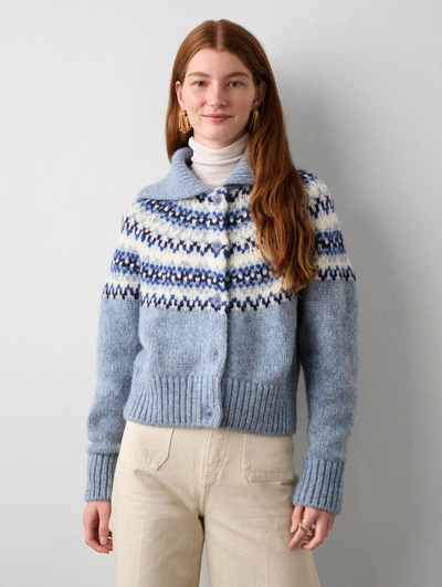 White + Warren Plush Alpaca Blend Fair Isle Cardigan Sweater In Light Blue Combo