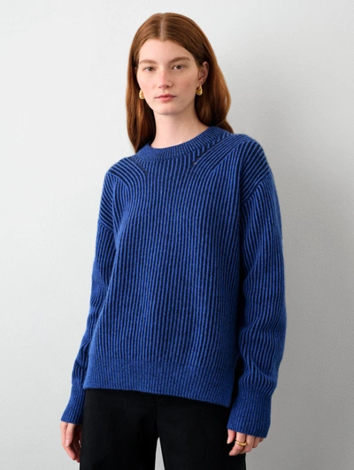 White + Warren Cashmere Two Toned Ribbed Crewneck Top In Navy Blue Combo