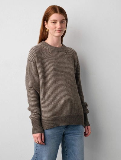 White + Warren Cashmere Two Toned Ribbed Crewneck Top In Driftwood Combo