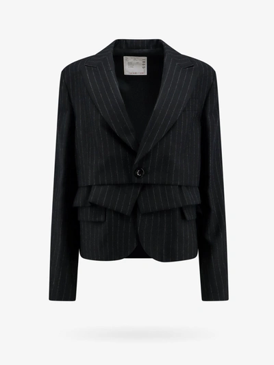 Sacai Layered Chalk Stripe Deconstructed Blazer Jacket In Black