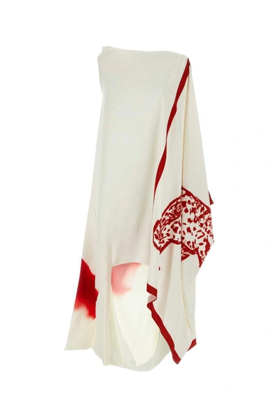 Ferragamo Asymmetric Printed Dress In White