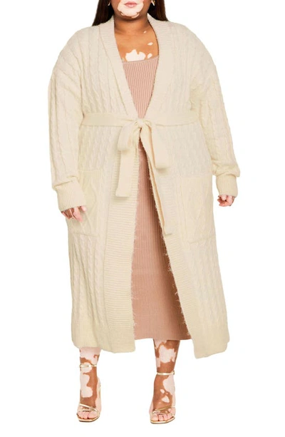 City Chic Kelsey Belted Cable Stitch Longline Cardigan In Cream
