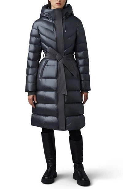 Mackage Coralia Lustrous Light Down Coat With Sash Belt In Carbon