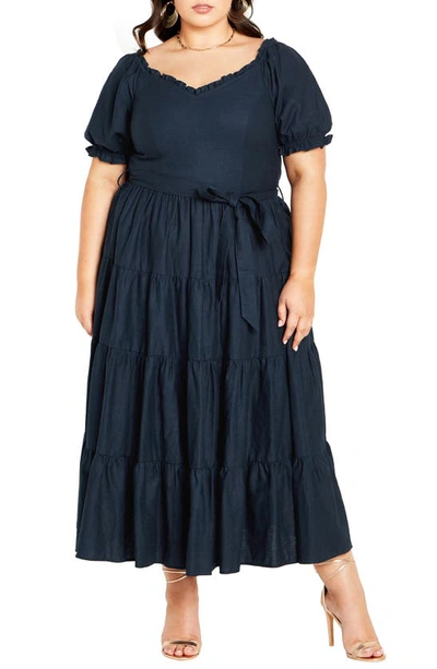 City Chic Puff Sleeve Tie Belt Midi Dress In Navy