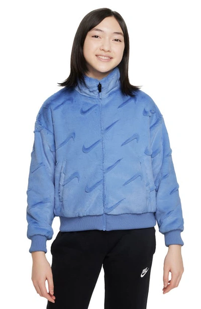 Nike Kids' Sportswear Swoosh Faux Fur Jacket In Blue