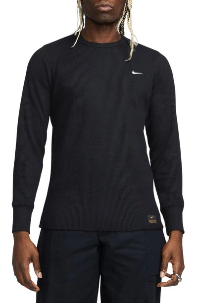 Nike Men's Life Long-sleeve Heavyweight Waffle Top In Black/ Black/ White