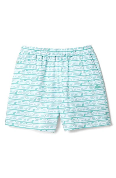 Lacoste Logo Print Cotton Swim Trunks In Cr5 Florida/ Pastille Mint