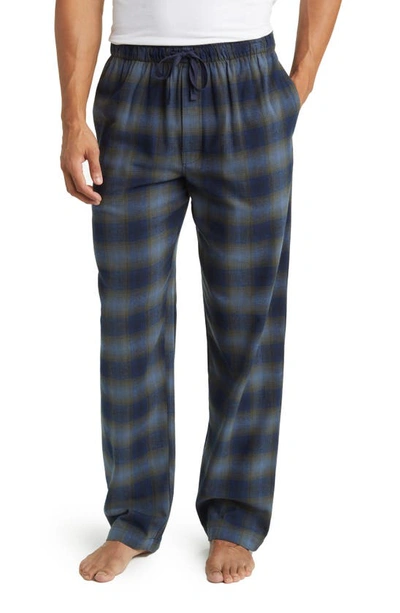 Majestic Plaid Cotton Flannel Pyjama Trousers In Olive/ Navy