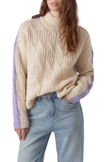 Vero Moda Chrissy Colorblock Cable Stitch Turtleneck Sweater In Birch/ Purple